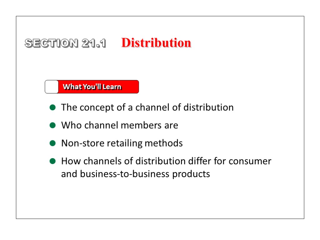 SECTION 21.1 What You'll Learn The concept of a channel of distribution Who channel